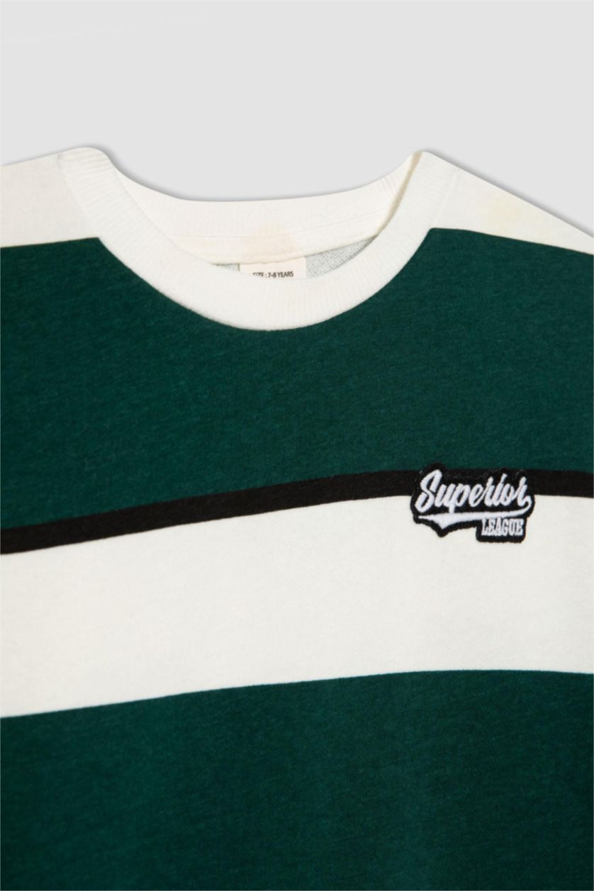 Erkek Çocuk - Genç Erkek Ekru Oversize Geniş Kalıp Bisiklet Yaka Çizgili Sweatshirt Erkek Çocuk