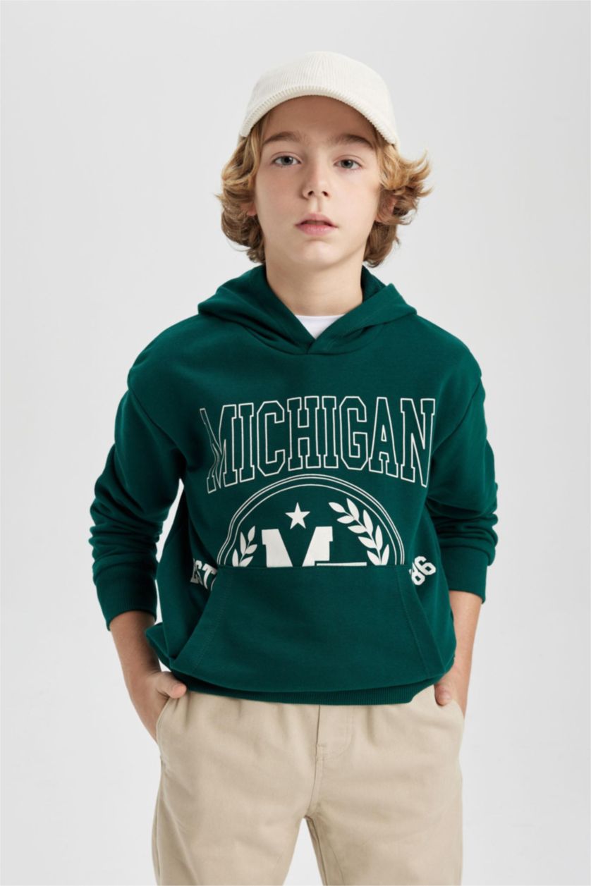 Erkek Çocuk - Genç Erkek Koyu Yeşil Erkek Çocuk Oversize Geniş Kalıp Baskılı Kapüşonlu Sweatshirt