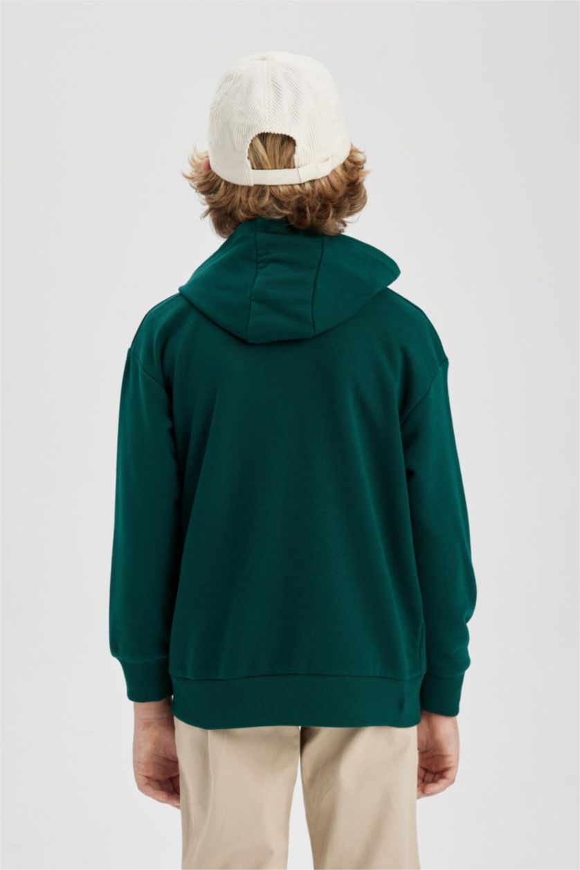 Erkek Çocuk - Genç Erkek Koyu Yeşil Erkek Çocuk Oversize Geniş Kalıp Baskılı Kapüşonlu Sweatshirt