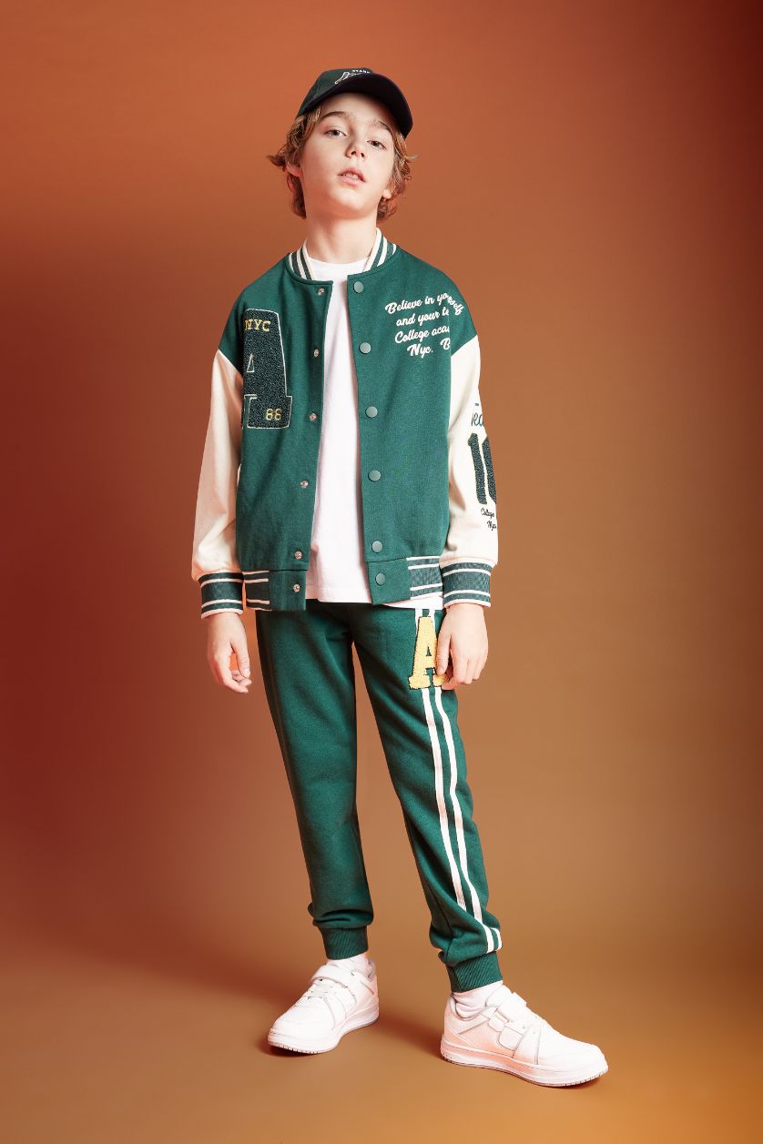 Erkek Çocuk - Genç Erkek Koyu Yeşil Erkek Çocuk Baskılı Kalın Eşofman Altı