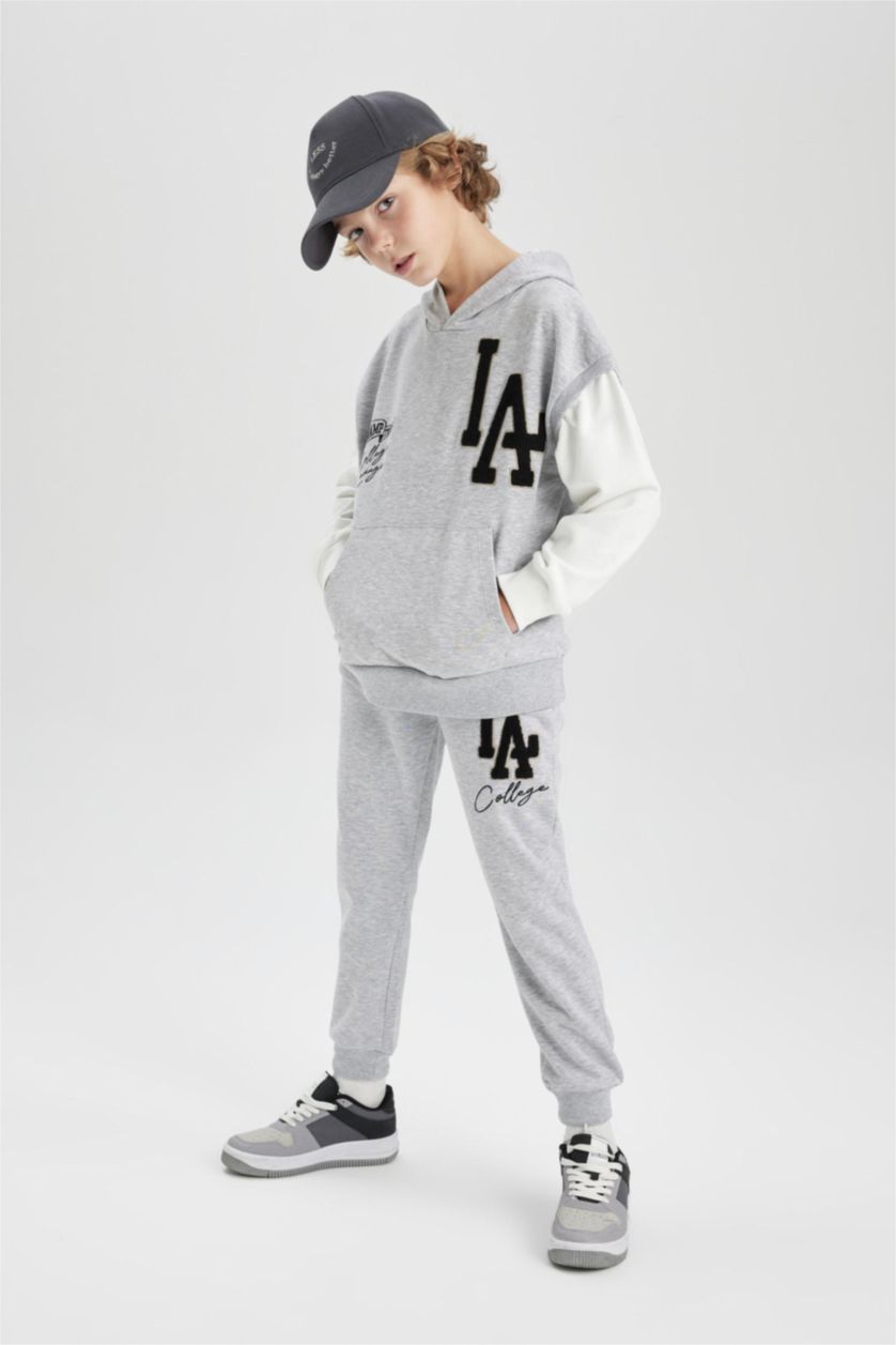 Erkek Çocuk - Genç Erkek Gri Melanj Beli Bağcıklı Lastikli Paça Cepli Baskılı Gri Jogger Eşofman Altı Erkek Çocuk