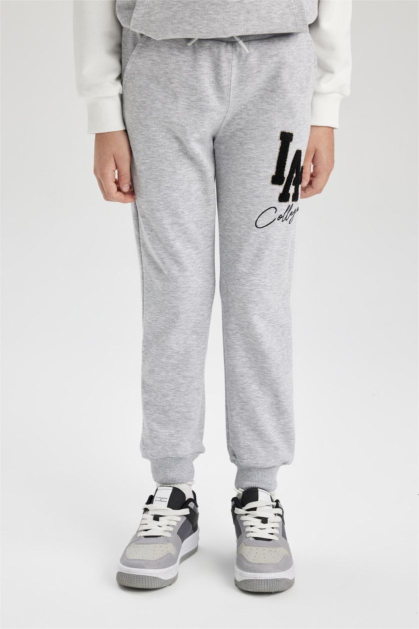 Erkek Çocuk - Genç Erkek Gri Melanj Beli Bağcıklı Lastikli Paça Cepli Baskılı Gri Jogger Eşofman Altı Erkek Çocuk