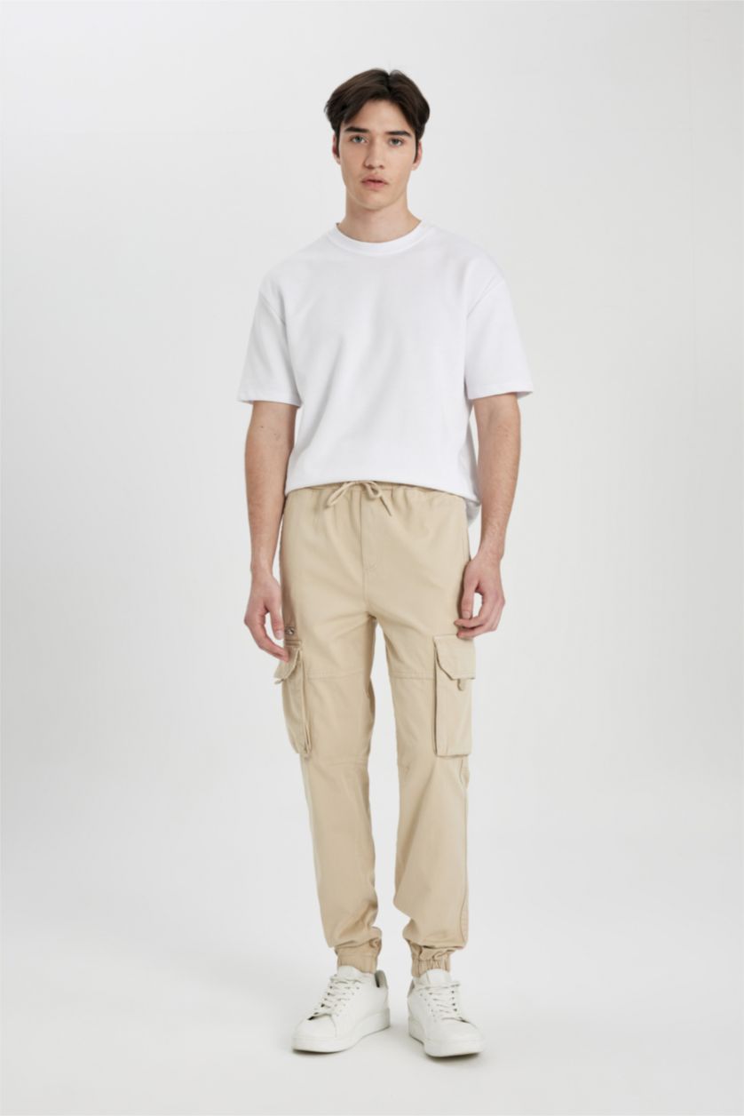 HOMME Beige Pantalon Jogging Cargo Gabardine Coupe Régulière avec Poches