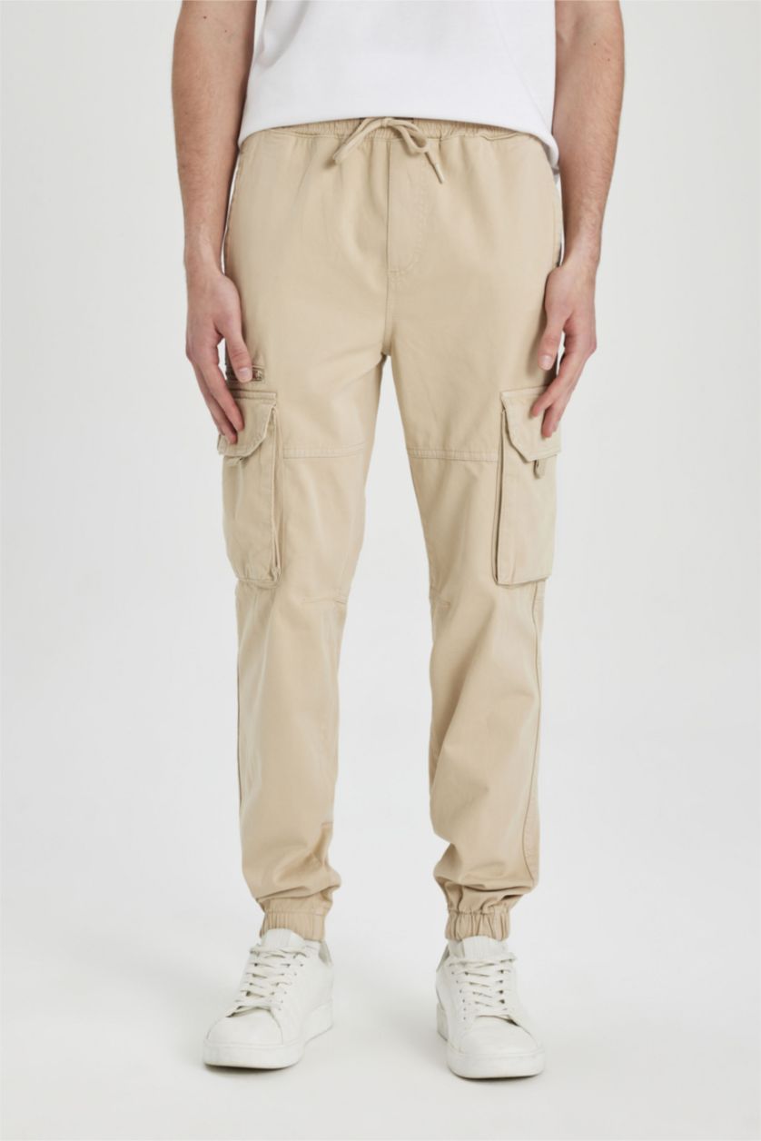 HOMME Beige Pantalon Jogging Cargo Gabardine Coupe Régulière avec Poches