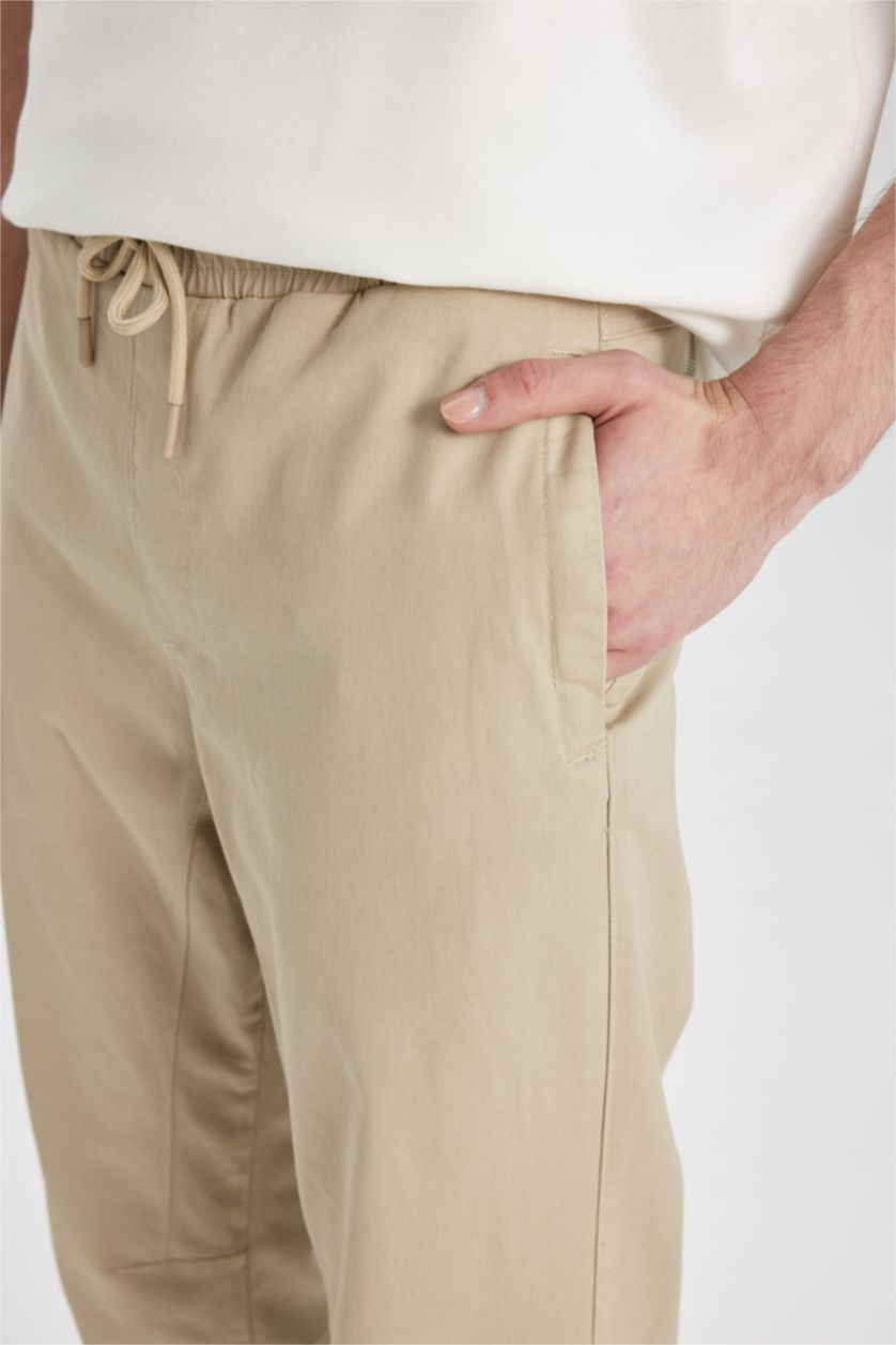 Erkek Bej Regular Fit Jogger Gabardin Pantolon Beli Bağcıklı Cepli Düz Paça