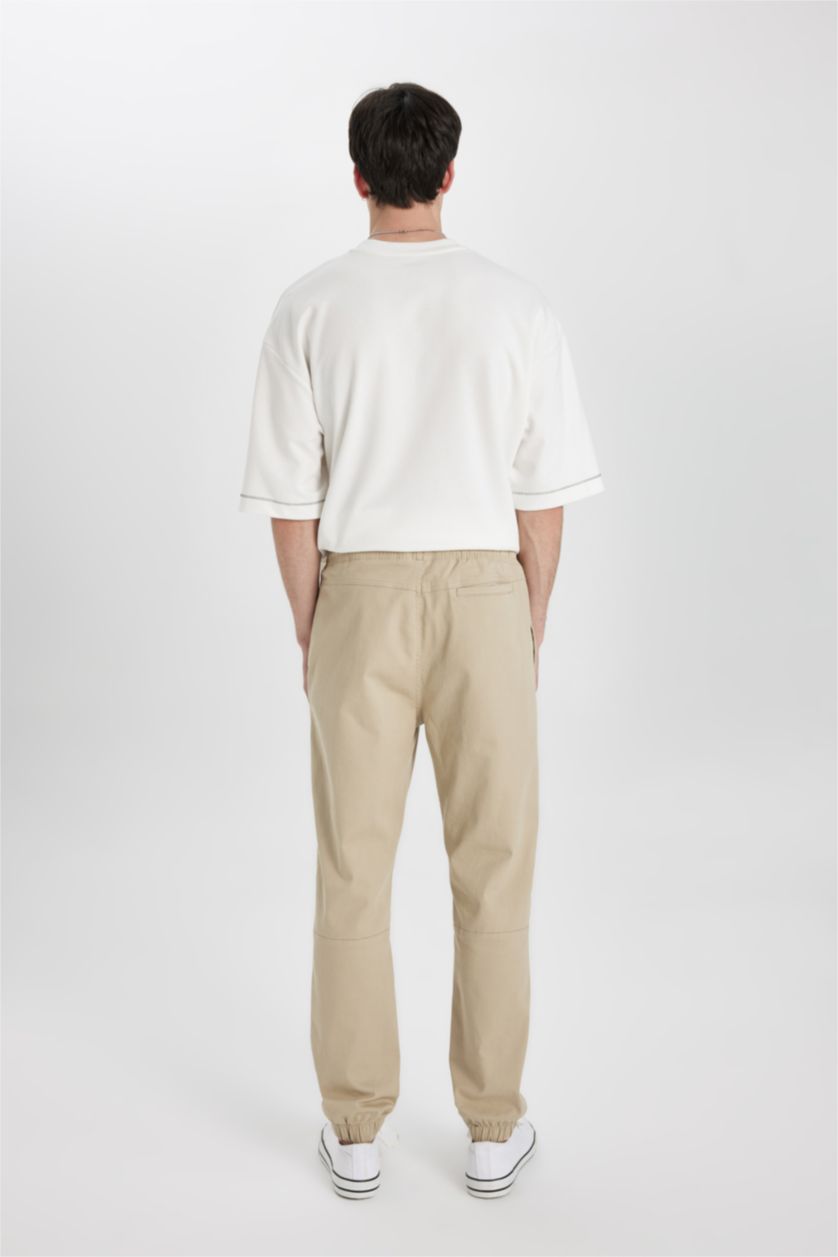 Erkek Bej Regular Fit Jogger Gabardin Pantolon Beli Bağcıklı Cepli Düz Paça