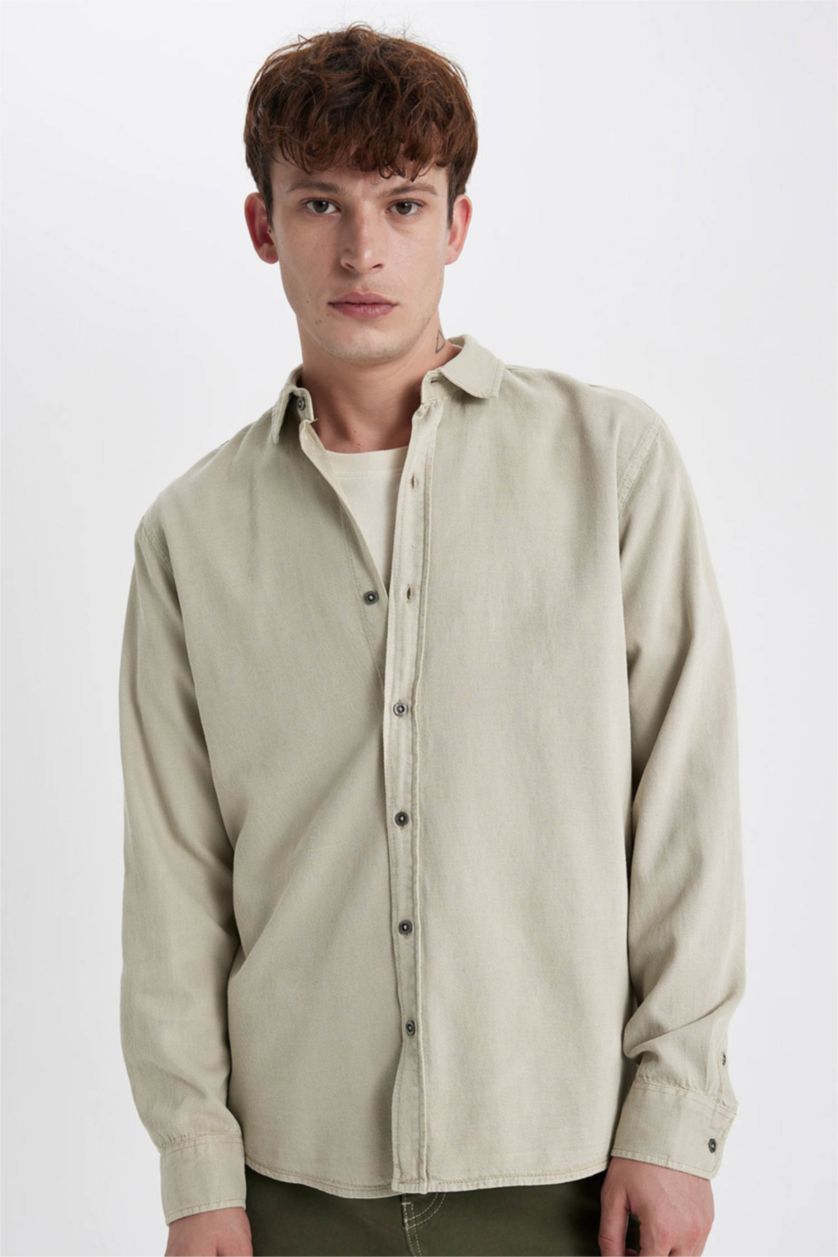 Erkek Taş Regular Fit Tensel Uzun Kollu Basic Düz Gömlek