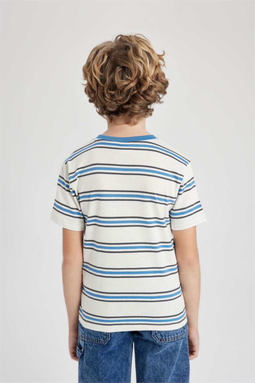 Erkek Çocuk - Genç Erkek Ekru Bisiklet Yaka Çizgili Kısa Kollu Tişört Erkek Çocuk
