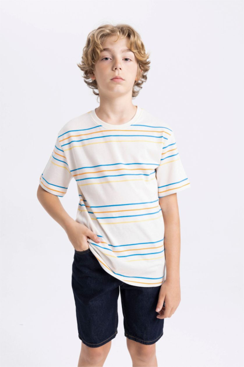 BOYS & TEENS White Boy Crew Neck Striped Short Sleeve T-Shirt
