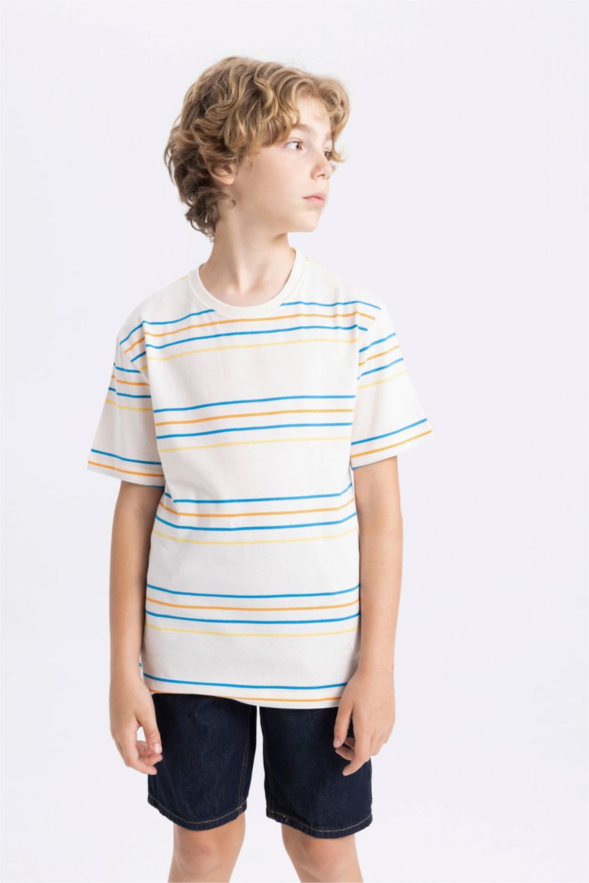 BOYS & TEENS White Boy Crew Neck Striped Short Sleeve T-Shirt