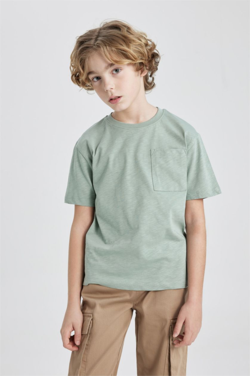 Erkek Çocuk - Genç Erkek Açık Haki Bisiklet Yaka Kısa Kollu Tişört Erkek Çocuk
