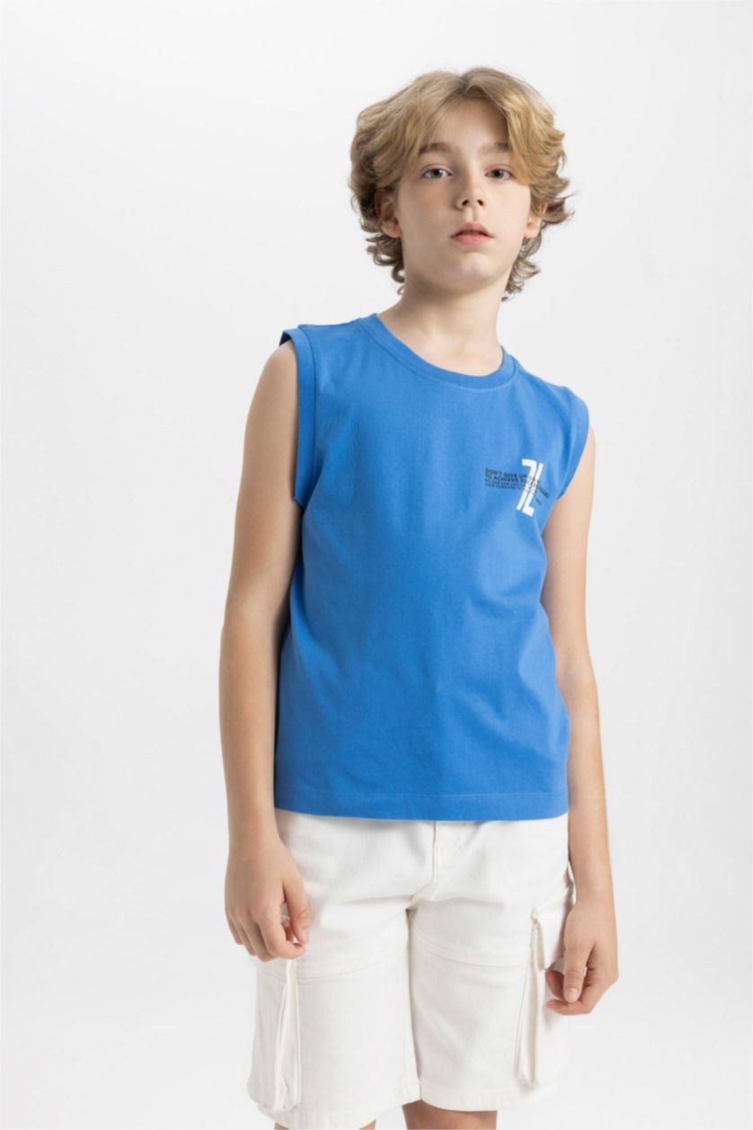BOYS & TEENS Blue Boy Crew Neck Printed Sleeveless T-Shirt