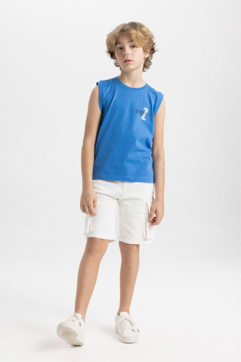 BOYS & TEENS Blue Boy Crew Neck Printed Sleeveless T-Shirt