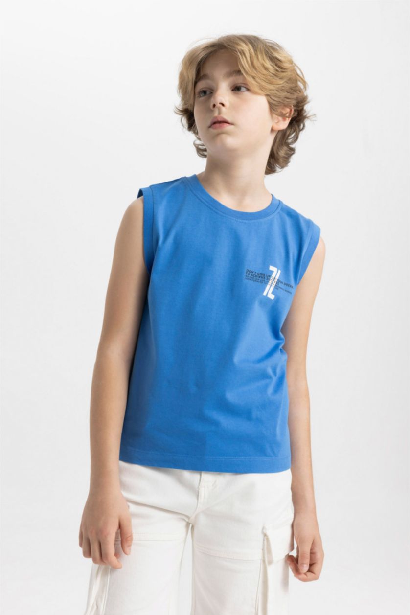 BOYS & TEENS Blue Boy Crew Neck Printed Sleeveless T-Shirt
