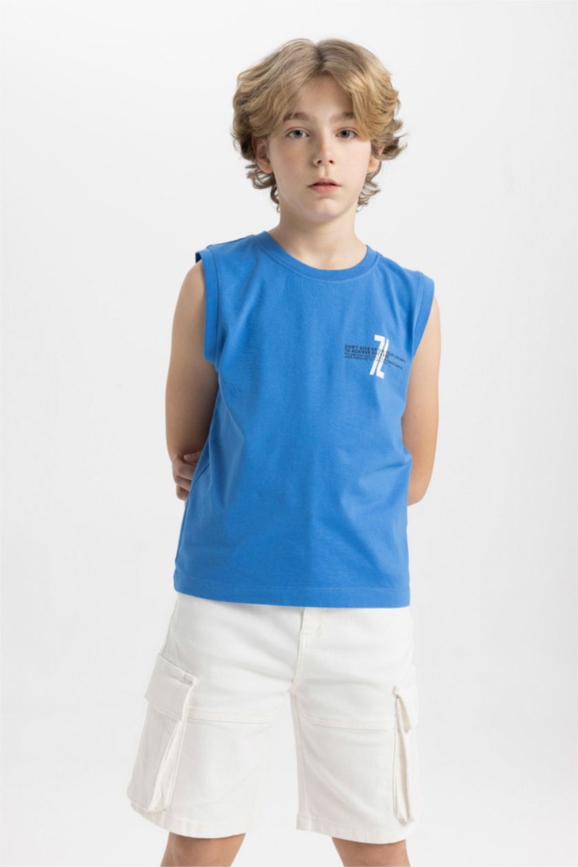 BOYS & TEENS Blue Boy Crew Neck Printed Sleeveless T-Shirt