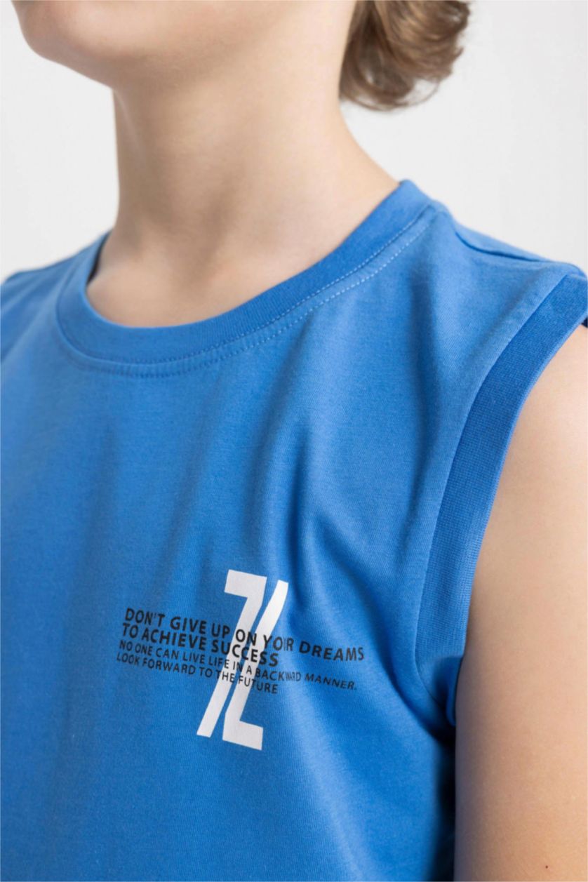 BOYS & TEENS Blue Boy Crew Neck Printed Sleeveless T-Shirt