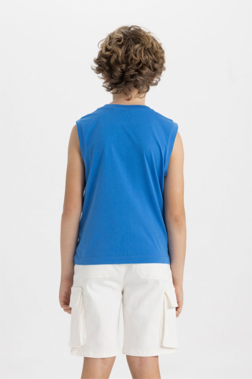 BOYS & TEENS Blue Boy Crew Neck Printed Sleeveless T-Shirt