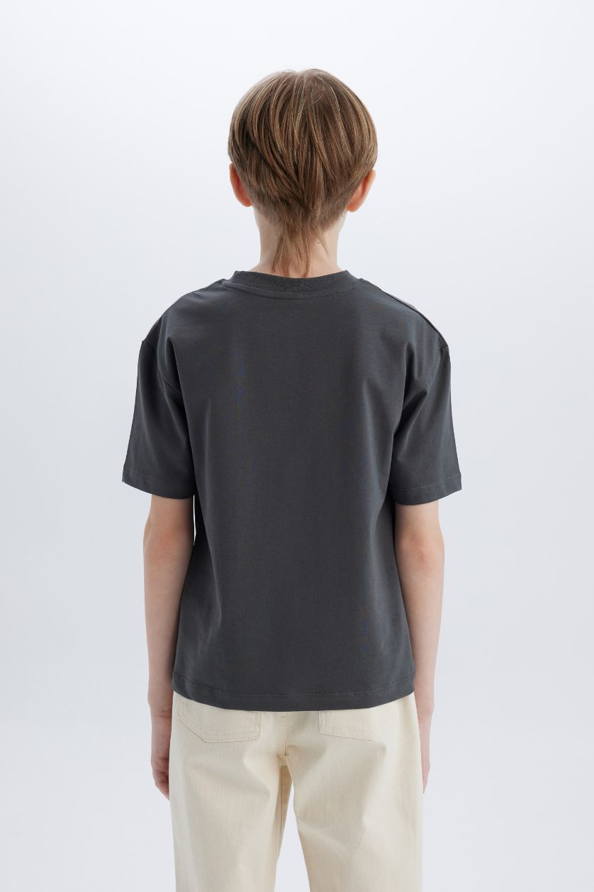 Erkek Çocuk - Genç Erkek Antrasit Oversize Geniş Kalıp Bisiklet Yaka Baskılı Kısa Kollu Tişört Erkek Çocuk