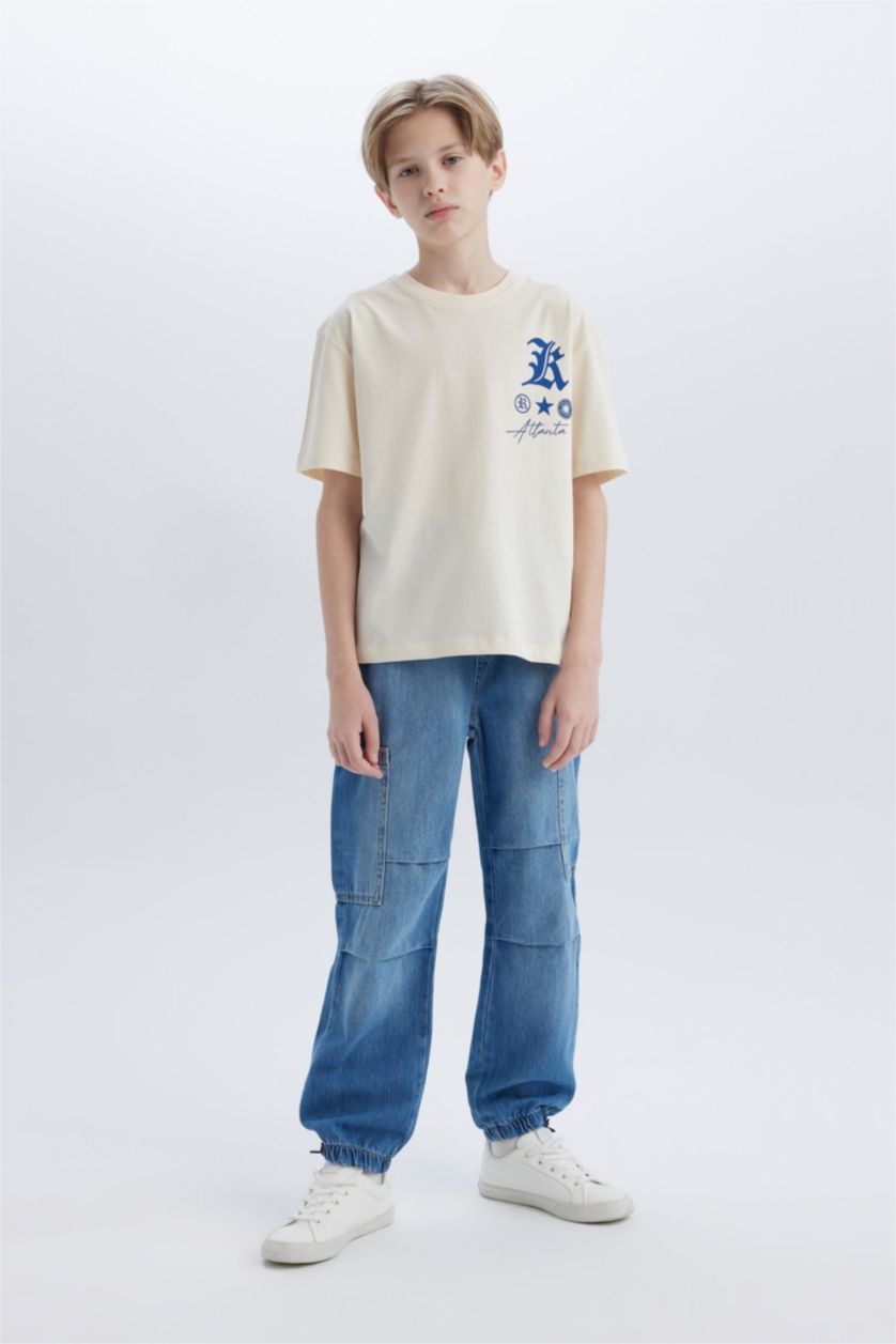 Erkek Çocuk - Genç Erkek Taş Oversize Geniş Kalıp Bisiklet Yaka Baskılı Kısa Kollu Tişört Erkek Çocuk