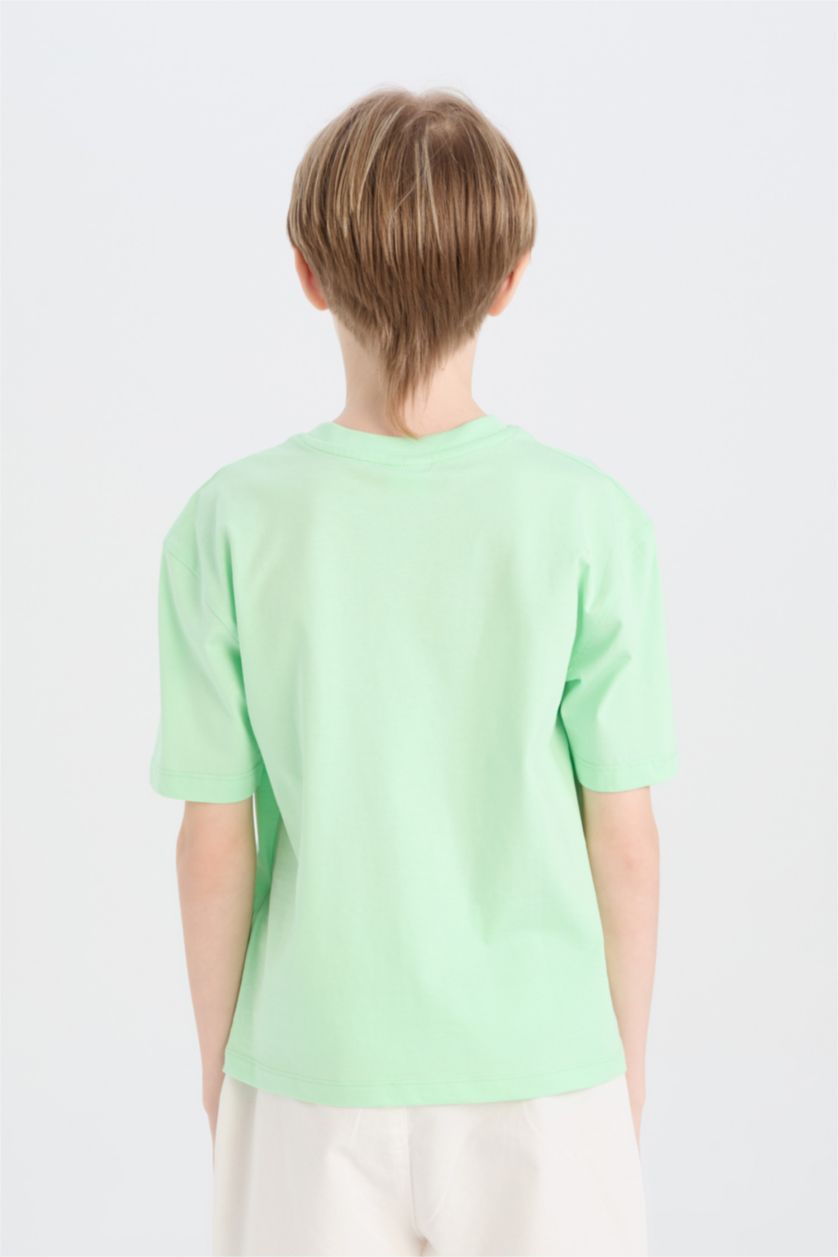 Erkek Çocuk - Genç Erkek Parlak Açık Yeşiil Oversize Geniş Kalıp Bisiklet Yaka Baskılı Kısa Kollu Tişört Erkek Çocuk