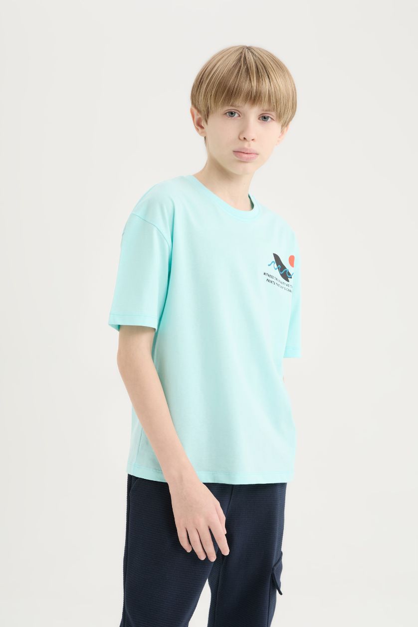 Erkek Çocuk - Genç Erkek Deniz Mavisi Oversize Geniş Kalıp Bisiklet Yaka Baskılı Kısa Kollu Tişört Erkek Çocuk