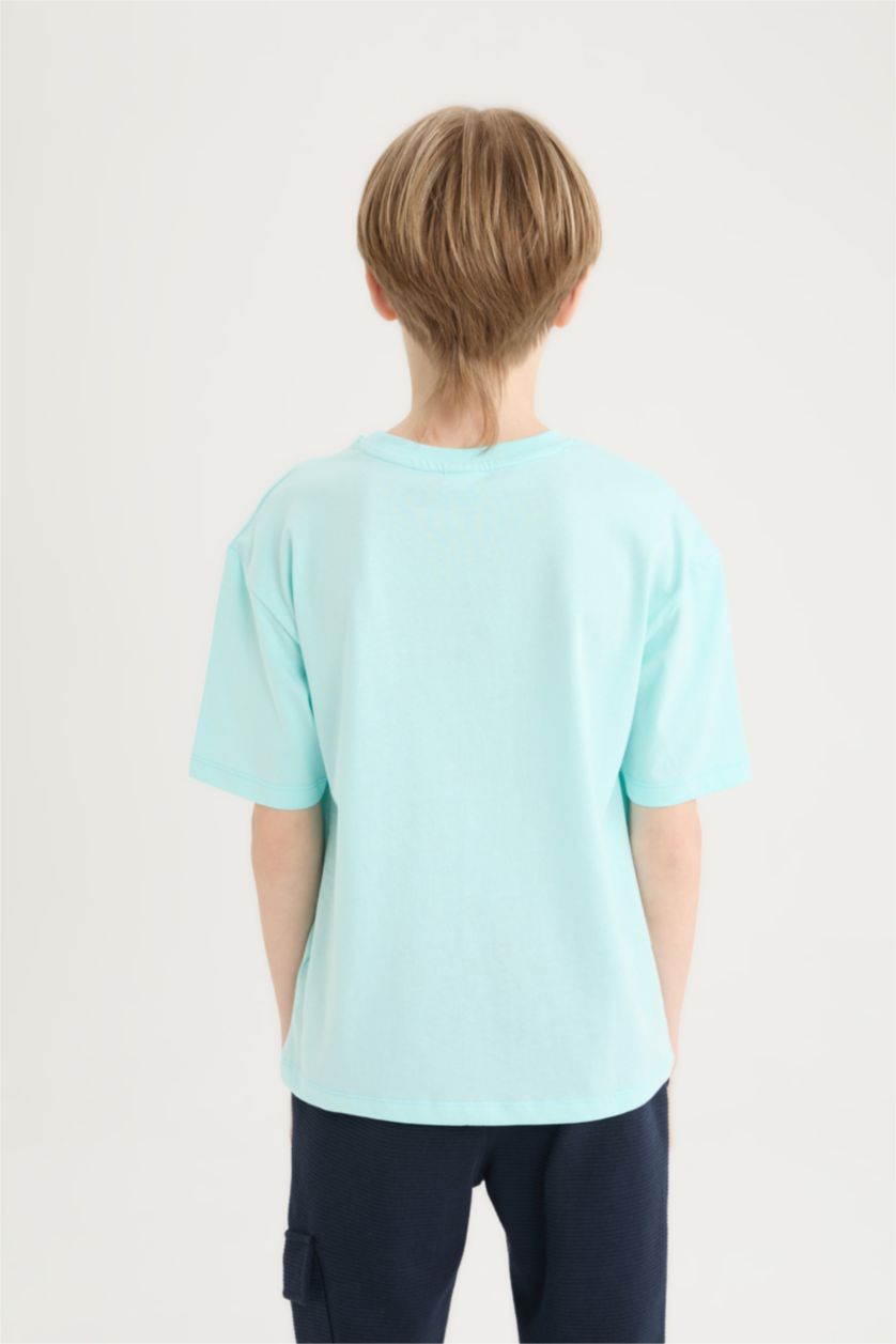 Erkek Çocuk - Genç Erkek Deniz Mavisi Oversize Geniş Kalıp Bisiklet Yaka Baskılı Kısa Kollu Tişört Erkek Çocuk