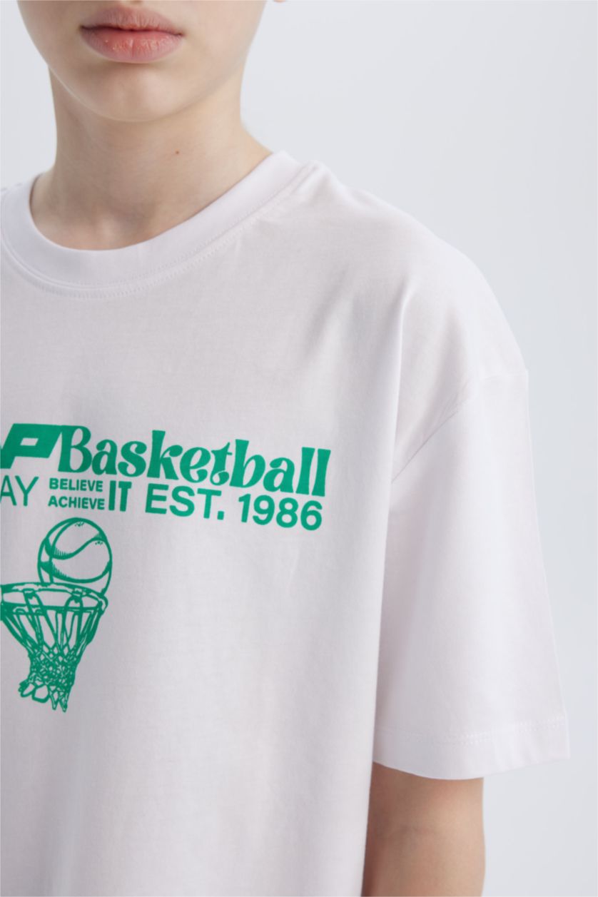 Erkek Çocuk - Genç Erkek Beyaz Oversize Geniş Kalıp Bisiklet Yaka Baskılı Kısa Kollu Tişört Erkek Çocuk