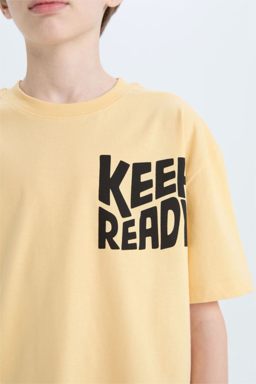 Erkek Çocuk - Genç Erkek Açık Sarı Oversize Geniş Kalıp Bisiklet Yaka Baskılı Kısa Kollu Tişört Erkek Çocuk