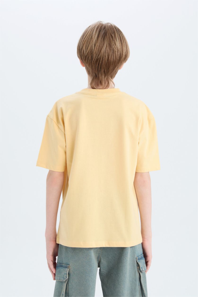Erkek Çocuk - Genç Erkek Açık Sarı Oversize Geniş Kalıp Bisiklet Yaka Baskılı Kısa Kollu Tişört Erkek Çocuk