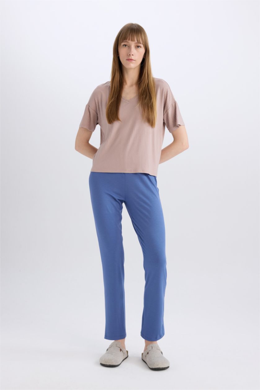 Kadın Vizon Regular Fit V Yaka Casual Kısa Kollu Pijama Üstü