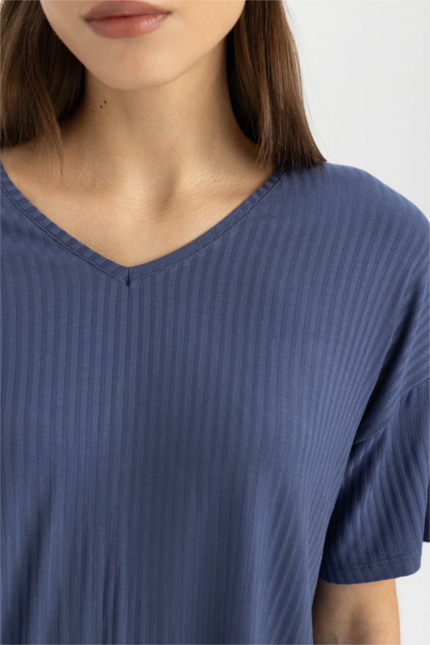 Kadın İndigo Regular Fit V Yaka Kısa Kollu Casual Pijama Üstü