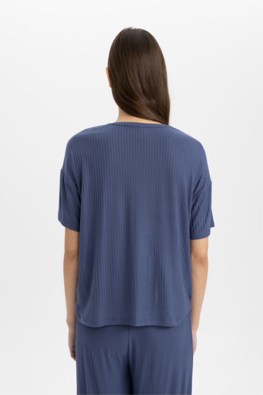 Kadın İndigo Regular Fit V Yaka Kısa Kollu Casual Pijama Üstü