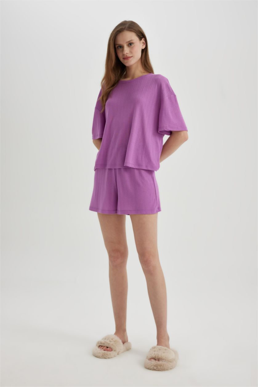 Kadın Açık Mor Pijama Takımı Regular Fit Kısa Kollu Beli Lastikli Şort Alt-Fall in Love 