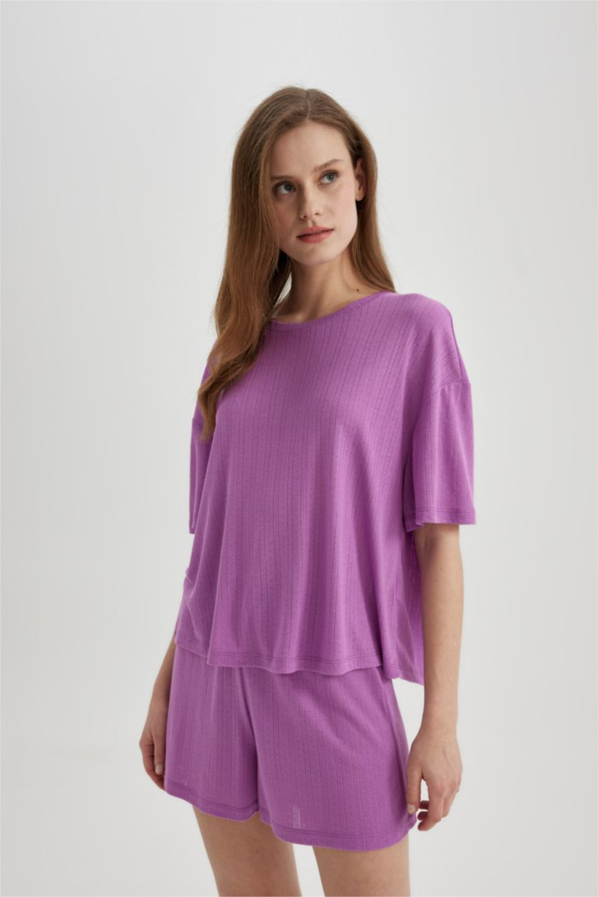 Kadın Açık Mor Pijama Takımı Regular Fit Kısa Kollu Beli Lastikli Şort Alt-Fall in Love 