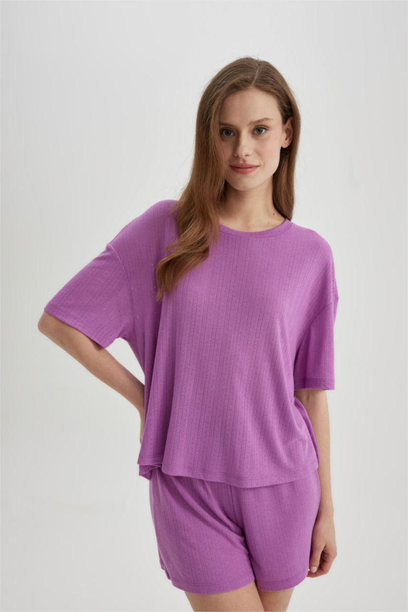 Kadın Açık Mor Pijama Takımı Regular Fit Kısa Kollu Beli Lastikli Şort Alt-Fall in Love 