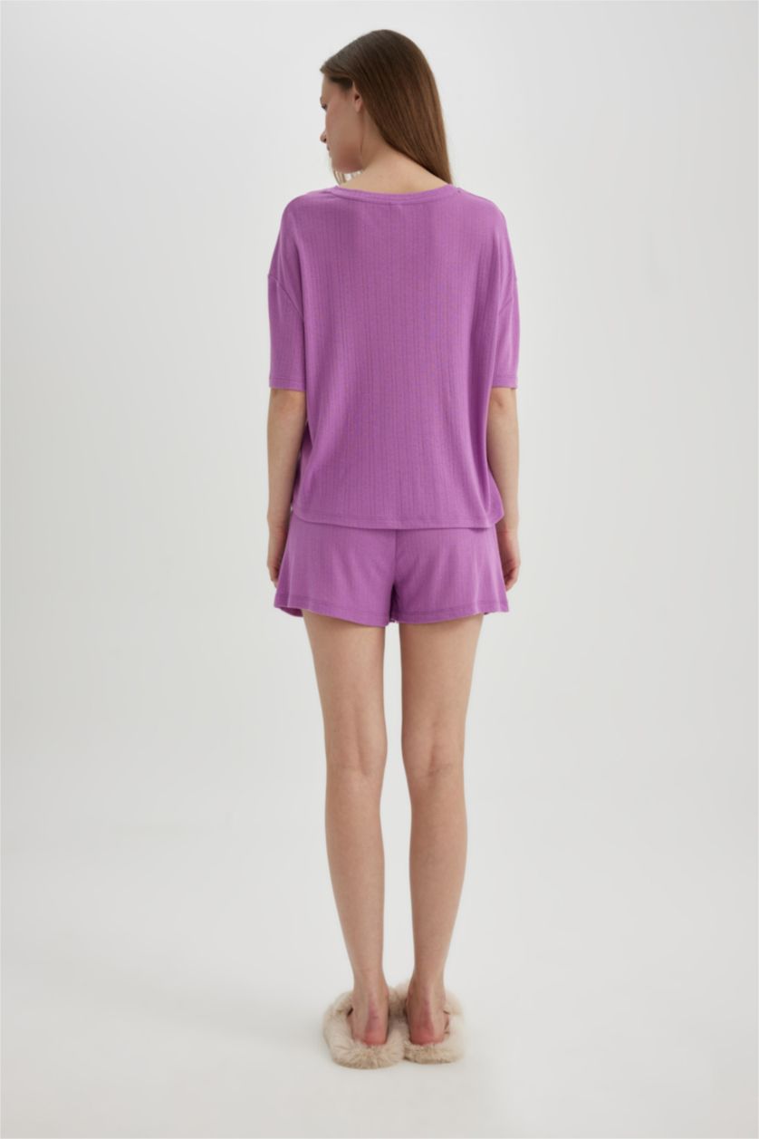 Kadın Açık Mor Pijama Takımı Regular Fit Kısa Kollu Beli Lastikli Şort Alt-Fall in Love 
