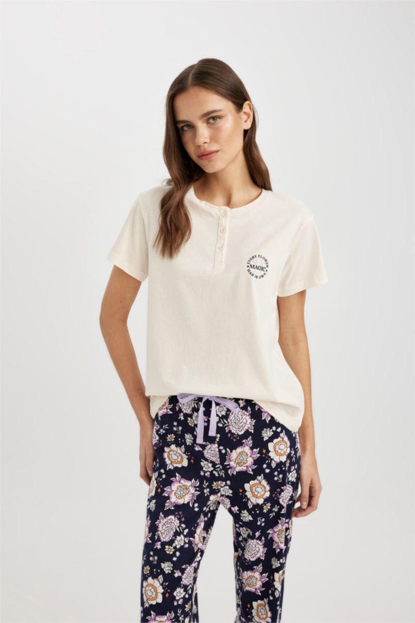 Kadın Lacivert Fall in Love Baskılı Kısa Kollu Pijama Takımı