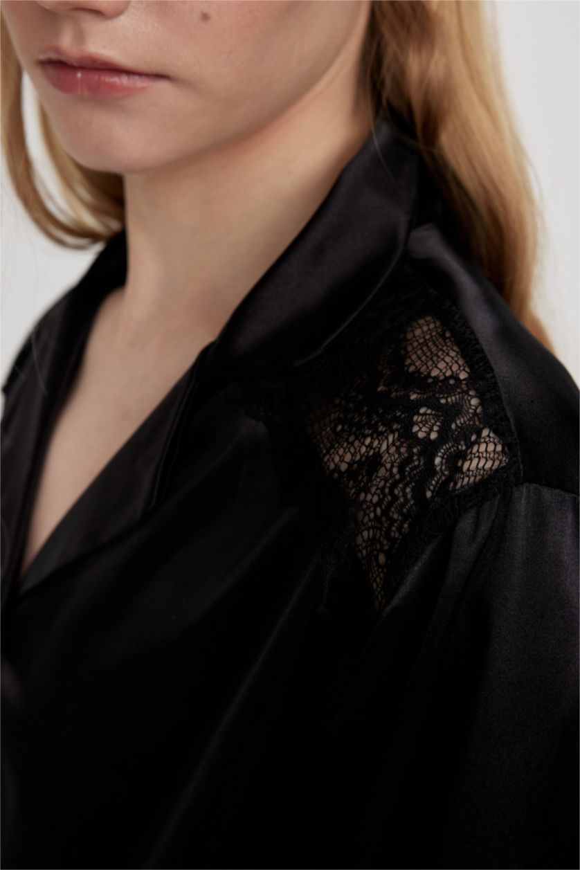 Kadın Siyah Regular Fit Uzun Kollu Saten Casual Pijama Üstü