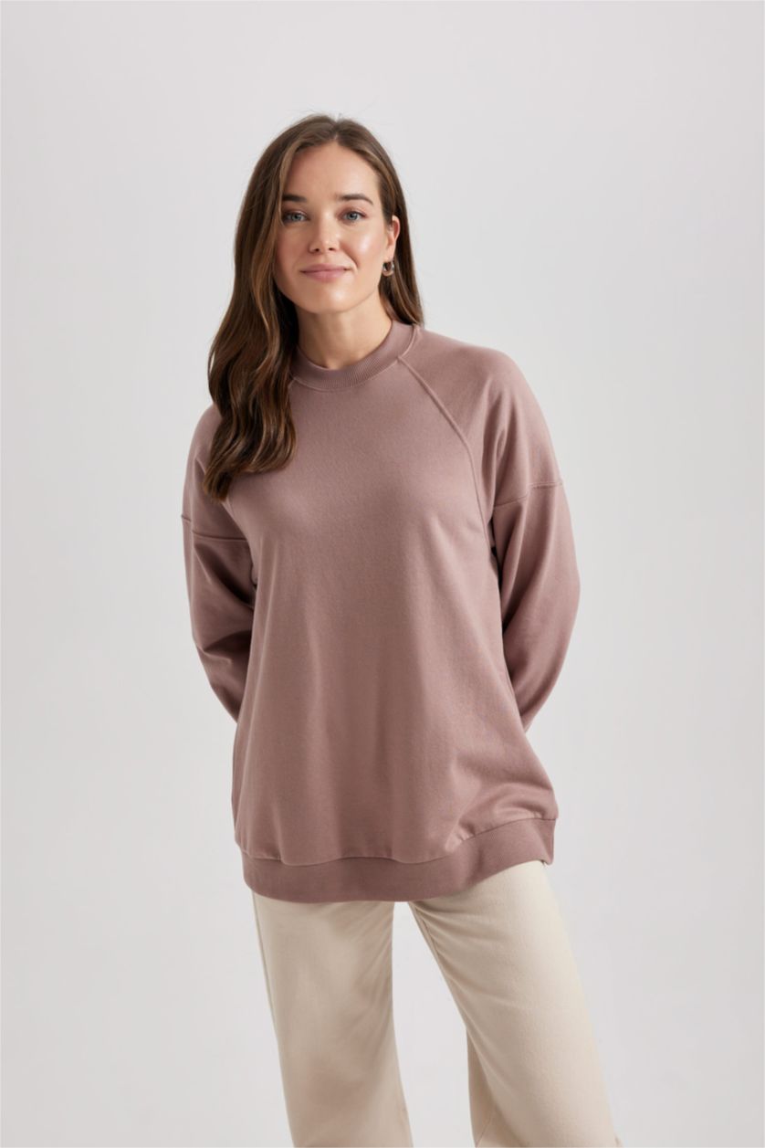 WOMAN Rose Regular Fit Crew Neck Soft Furry Basic Sweatshirt Tunic