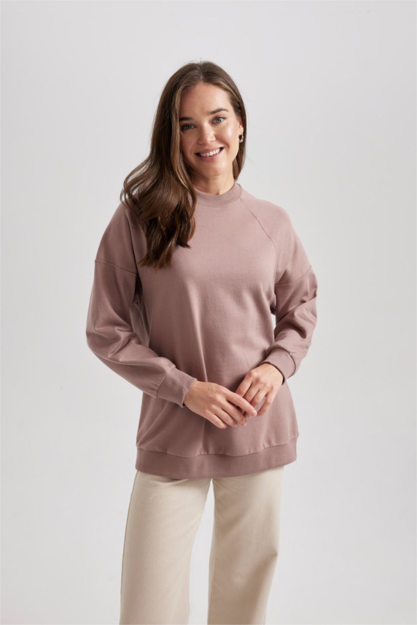WOMAN Rose Regular Fit Crew Neck Soft Furry Basic Sweatshirt Tunic