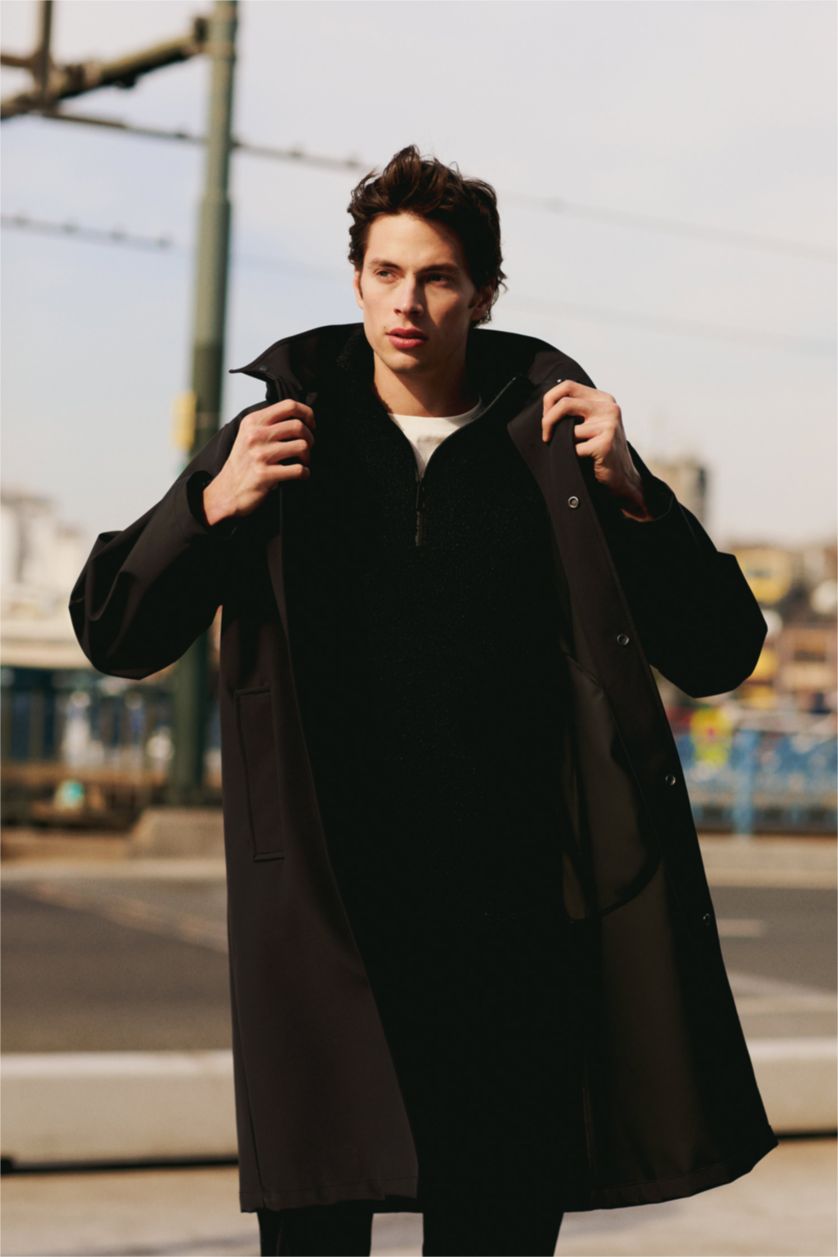 Erkek Siyah Kapüşonlu Suni Deri Parka Çıtçıt Kapamalı Cepli 