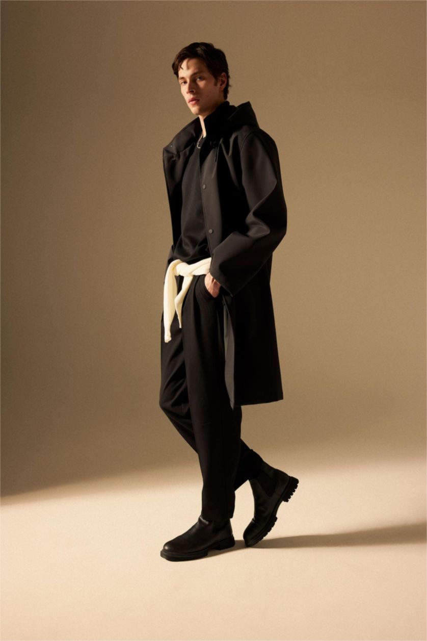 Erkek Siyah Kapüşonlu Suni Deri Parka Çıtçıt Kapamalı Cepli 