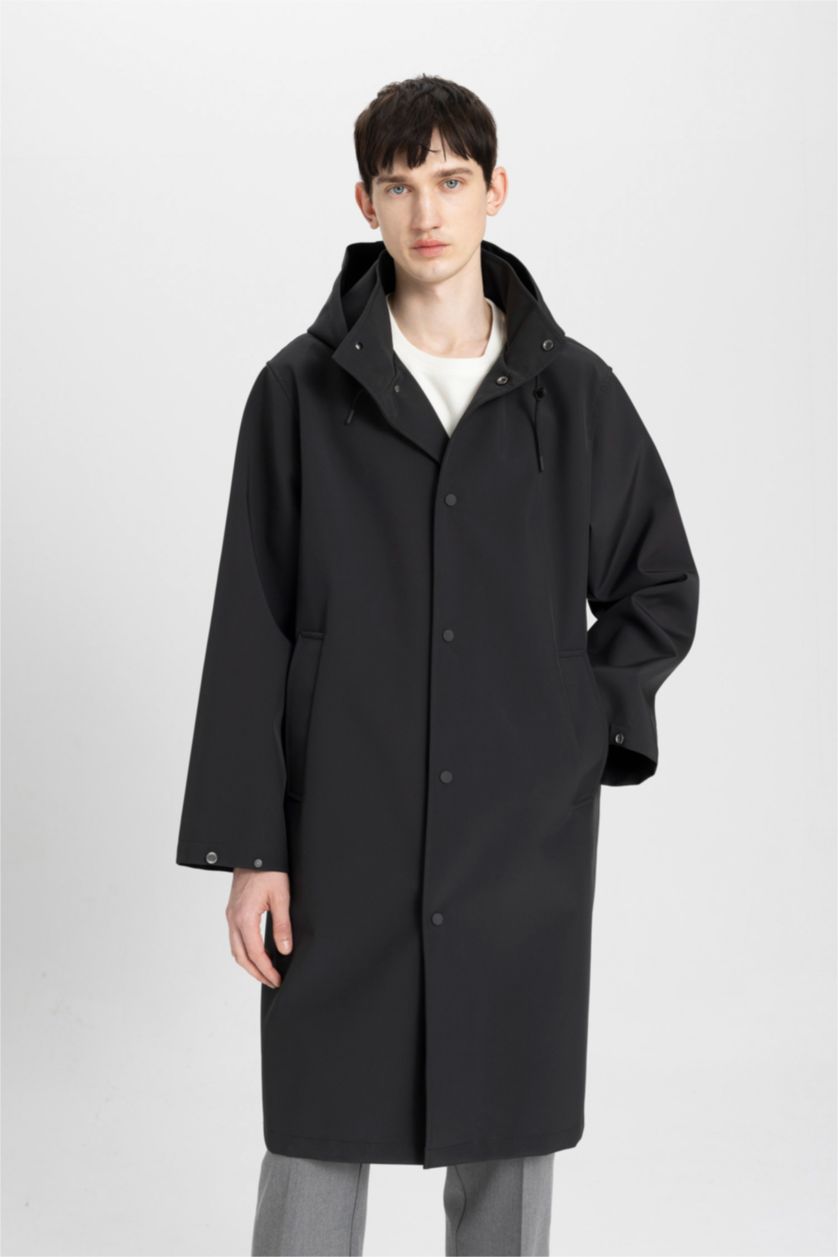 Erkek Siyah Kapüşonlu Suni Deri Parka Çıtçıt Kapamalı Cepli 