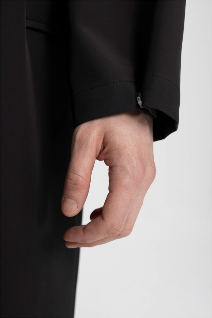 Erkek Siyah Kapüşonlu Suni Deri Parka Çıtçıt Kapamalı Cepli 