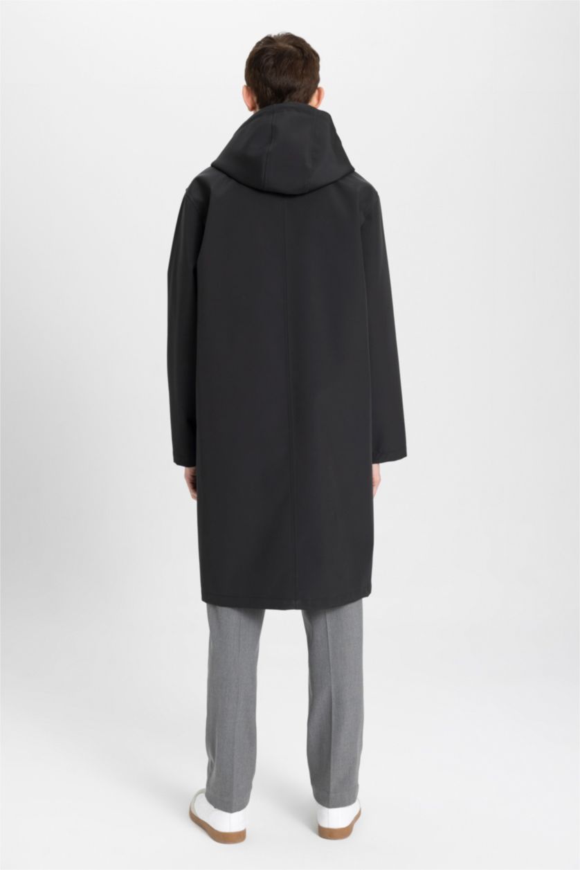 Erkek Siyah Kapüşonlu Suni Deri Parka Çıtçıt Kapamalı Cepli 