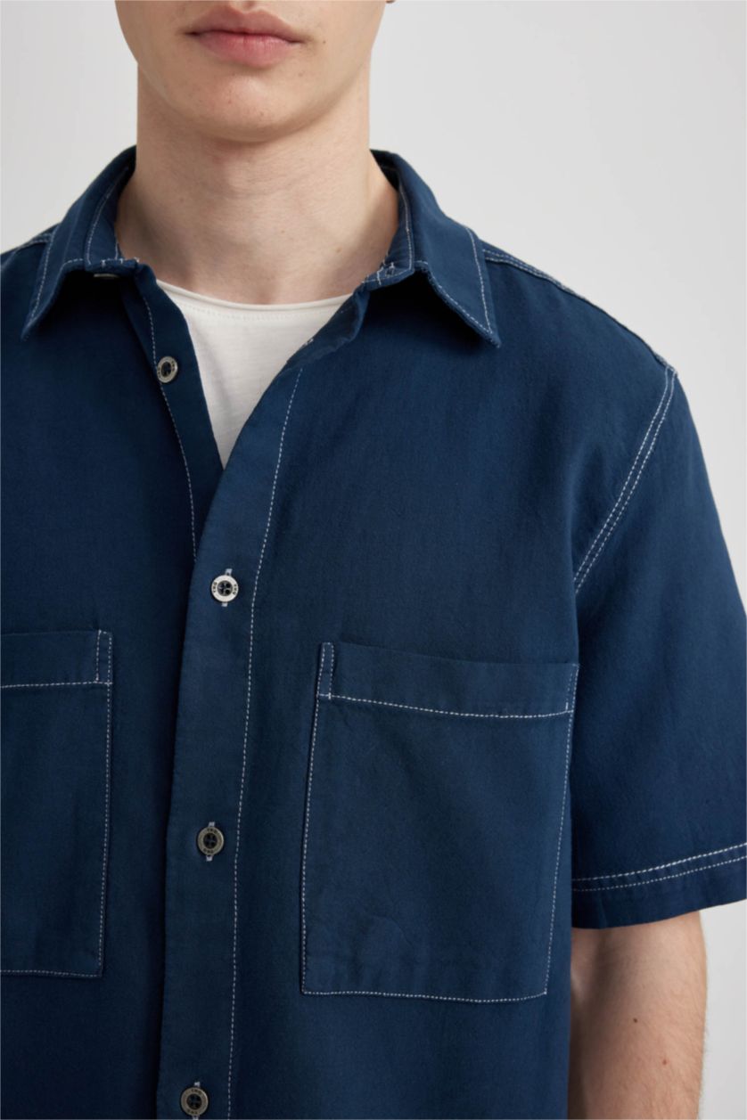 Erkek İndigo Relax Fit Yazlık Keten Karışımlı Kısa Kollu Gömlek
