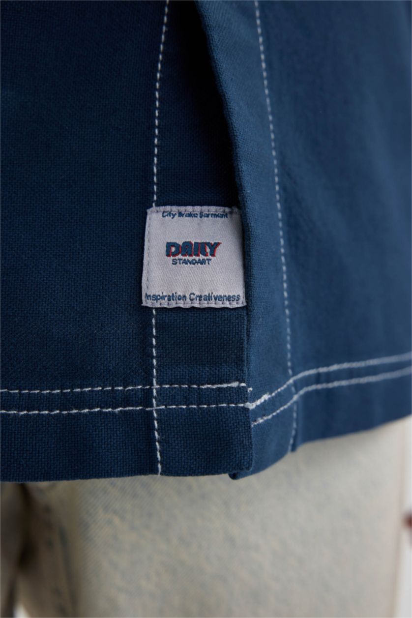 Erkek İndigo Relax Fit Yazlık Keten Karışımlı Kısa Kollu Gömlek