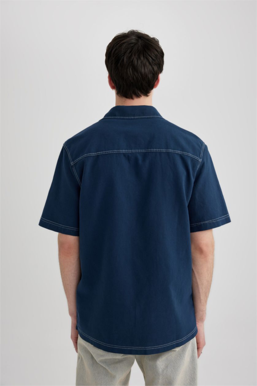 Erkek İndigo Relax Fit Yazlık Keten Karışımlı Kısa Kollu Gömlek