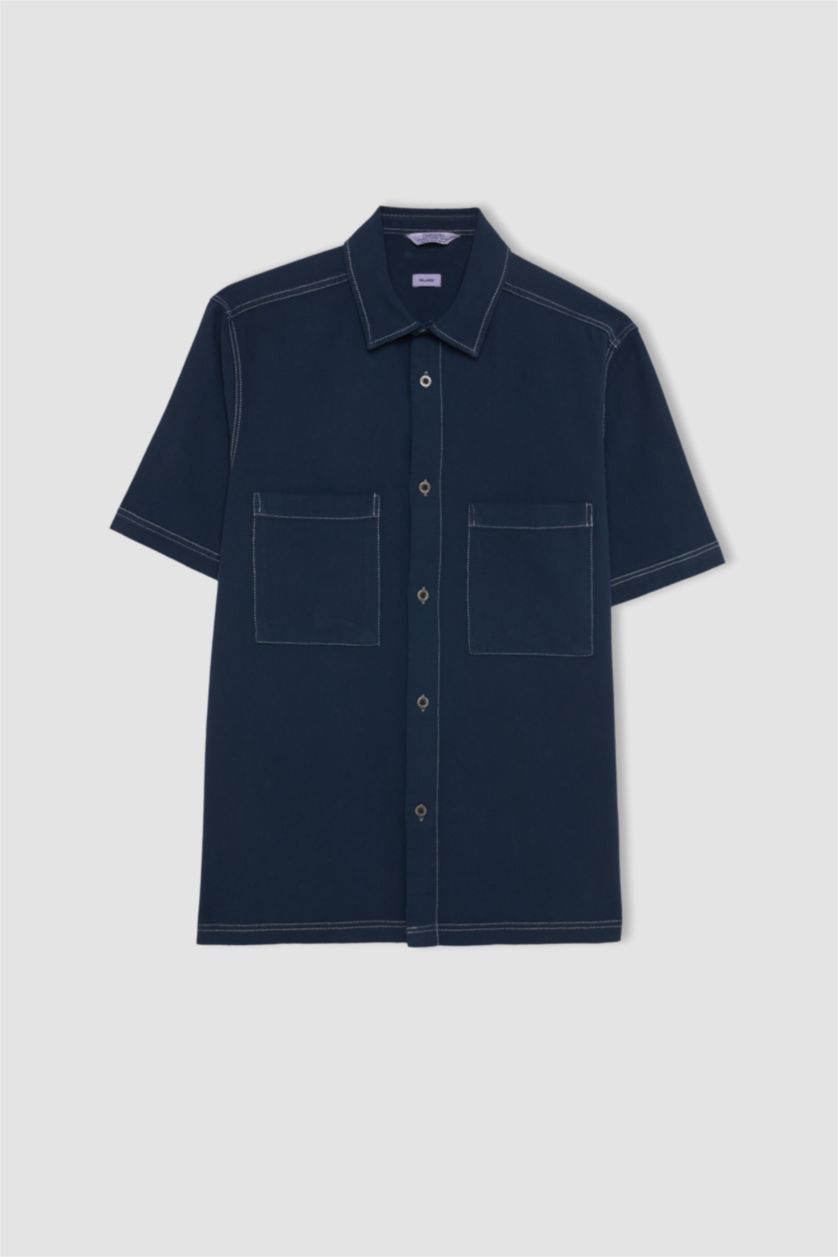 Erkek İndigo Relax Fit Yazlık Keten Karışımlı Kısa Kollu Gömlek