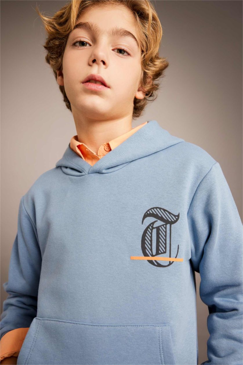 BOYS & TEENS Blue Boy Printed Hooded Thick Sweatshirt
